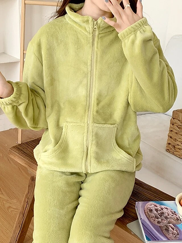 Women's Pajamas Sets Pure Color Warm Fashion Casual Home Daily Bed Flannel Warm Breathable Stand Collar Long Sleeve Cardigan Pant Pocket Fall Winter Purple Green 2 Women's Pajamas Sets Pure Color Warm Fashion Casual Home Daily Bed Flannel Warm Breathable Stand Collar Long Sleeve Cardigan Pant Pocket Fall Winter Purple Green - Image 2