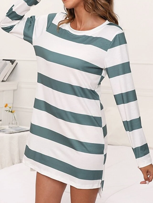 Women's Loungewear Nightgown Nightshirt Dress Stripe Basic Casual Comfort Home Daily Vacation Cotton Breathable Crew Neck Long Sleeve Summer Spring Black Green 6 Women's Loungewear Nightgown Nightshirt Dress Stripe Basic Casual Comfort Home Daily Vacation Cotton Breathable Crew Neck Long Sleeve Summer Spring Black Green - Image 6
