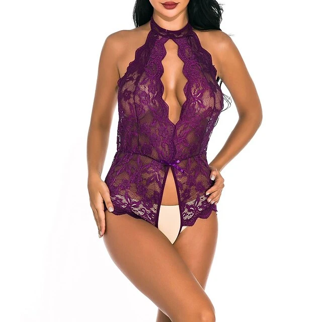 Women's Cut Out Mesh Erotic Sexy Lingerie Teddies & Bodysuits Nightwear Christmas - Spandex Solid Colored Sexy Lingerie Set White / Black / Purple S M L / Summer / Lace Up 2 Women's Cut Out Mesh Erotic Sexy Lingerie Teddies & Bodysuits Nightwear Christmas - Spandex Solid Colored Sexy Lingerie Set White / Black / Purple S M L / Summer / Lace Up - Image 2