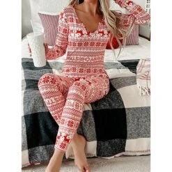 Women's Xmas Onesie Pajama Letter Elk Casual Comfort Soft ChristmasBreathable V Wire Long Sleeve Fall Winter -Deals The Sexy Bra Store fucoya1695281842395