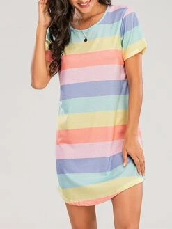 Women's Pajamas Nightgown Dress Rainbow Stripe Fashion Casual Soft Home Daily Bed Cotton Blend Breathable Crew Neck Short Sleeve Backless Summer Spring Blue Light Blue -Deals The Sexy Bra Store fufres1679451332787