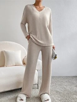 Women's Loungewear Sets Knit Drop Shoulder Tee Sweater And Pants Pure Color Home Street Daily Polyester Breathable V Wire Long Sleeve Sweater Pant Pocket Fall Winter Black Blue -Deals The Sexy Bra Store fukztd1692950058051