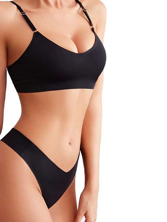 Women's Wireless Bras Padded Bras Adjustable 3/4 Cup V Neck Breathable Pure Color Pull-On Closure Date Casual Daily Nylon Sexy 1 Set Black Brown / Bra & Panty Set 2 Women's Wireless Bras Padded Bras Adjustable 3/4 Cup V Neck Breathable Pure Color Pull-On Closure Date Casual Daily Nylon Sexy 1 Set Black Brown / Bra & Panty Set - Image 2