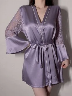 Women's Satin Silk Bathrobe Nightgown Nightshirt Dress 2 Pieces Pure Color Comfort Soft Sweet Home Daily Bed Breathable V Wire Long Sleeve Backless Hole Fall Winter Black White -Deals The Sexy Bra Store fveitc1697699910930