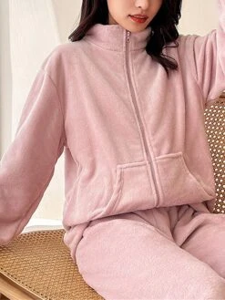 Women's Fleece Pajamas Sets Pure Color Warm Fashion Plush Home Daily Bed Flannel Warm Breathable Stand Collar Long Sleeve Cardigan Pant Pocket Fall Winter Zipper Pink Zipper Beige -Deals The Sexy Bra Store fvndcp1694164395761