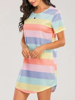 Women's Pajamas Nightgown Dress Rainbow Stripe Fashion Casual Soft Home Daily Bed Cotton Blend Breathable Crew Neck Short Sleeve Backless Summer Spring Blue Light Blue -Deals The Sexy Bra Store fwmddz1679451333444