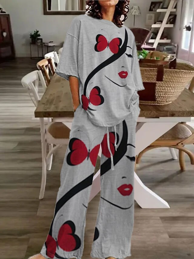 Women's Loungewear Sets 2 Pieces Flower Print Simple Casual Comfort Home Daily Cotton Blend Breathable Crew Neck Short Sleeve Top Pullover Pants With Pockets Summer Spring Lake Blue White 1 Women's Loungewear Sets 2 Pieces Flower Print Simple Casual Comfort Home Daily Cotton Blend Breathable Crew Neck Short Sleeve Top Pullover Pants With Pockets Summer Spring Lake Blue White