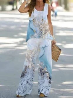 Women's Loungewear Sets Gradient Feather Print Fashion Casual Street Date Airport Polyester Breathable Crew Neck Sleeveless Top And Wide Leg Pants Summer Spring Black White