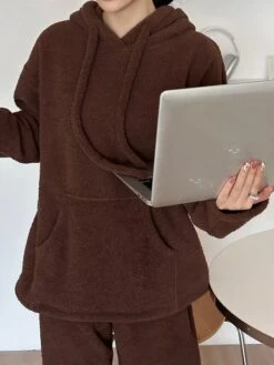 Women's Loungewear Sets Pure Color Fashion Comfort Soft Street Daily Date Polyester Warm Breathable Hoodie Long Sleeve Pant Elastic Waist Fall Winter Pink Brown -Deals The Sexy Bra Store fyztzl1692348344860