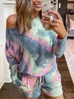 Women's Pajama Top And Pant Tie Dye Fashion Casual Soft Home Daily Bed Polyester Breathable One Shoulder Long Pant T Shirt Tee Shorts Summer Fall Light Green Blue -Deals The Sexy Bra Store fzuymi1690183491686
