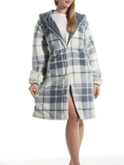 Women's Robe Grid / Plaid Plush Casual Comfort Home Daily Bed Flannel Warm Breathable Hoodie Long Sleeve Pocket Fall Winter Gray -Deals The Sexy Bra Store fzvncd1695373707928