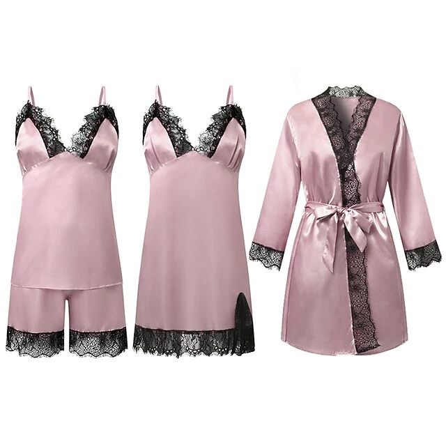 Women's Lace Satin Silk Pajamas Sets 4 Pcs Home Party Daily St.Patrick's Day Elastic Waist Pure Color Satin Simple Casual Soft Strap Top Shorts Fall Winter Spring Strap Short Sleeves Long Sleeve 15 Women's Lace Satin Silk Pajamas Sets 4 Pcs Home Party Daily St.Patrick's Day Elastic Waist Pure Color Satin Simple Casual Soft Strap Top Shorts Fall Winter Spring Strap Short Sleeves Long Sleeve - Image 15