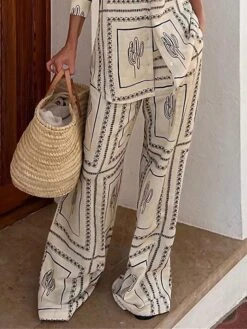 Women's Loungewear Pants Geometic Flower Simple Casual Comfort Daily Bed Vacation Polyester Breathable Pant Pocket Elastic Waist Fall Winter Beige