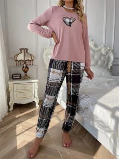 Women's Loungewear Sets Heart Grid / Plaid Simple Casual Comfort Home Daily Bed Polyester Breathable Crew Neck Long Sleeve T Shirt Tee Pant Fall Winter Lotus Pink 8 Women's Loungewear Sets Heart Grid / Plaid Simple Casual Comfort Home Daily Bed Polyester Breathable Crew Neck Long Sleeve T Shirt Tee Pant Fall Winter Lotus Pink -Deals The Sexy Bra Store gagauj1696751781678