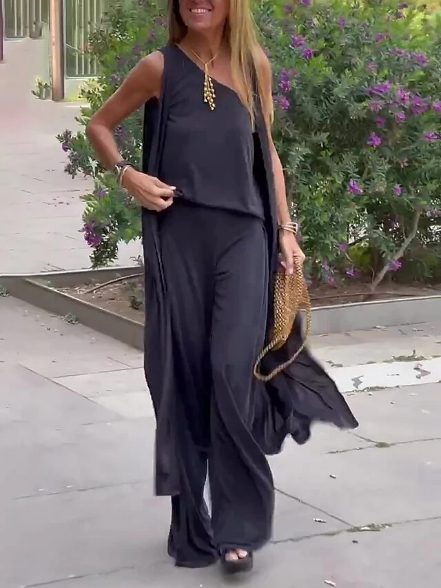 Women's Sets 4 Pcs Cotton And Spandex One Shoulder Shirt Long Vest Cardigan And Wide Leg Pants Pure Color Comfort Soft Home Daily Jersey Summer Spring Black Gray 6 Women's Sets 4 Pcs Cotton And Spandex One Shoulder Shirt Long Vest Cardigan And Wide Leg Pants Pure Color Comfort Soft Home Daily Jersey Summer Spring Black Gray - Image 6