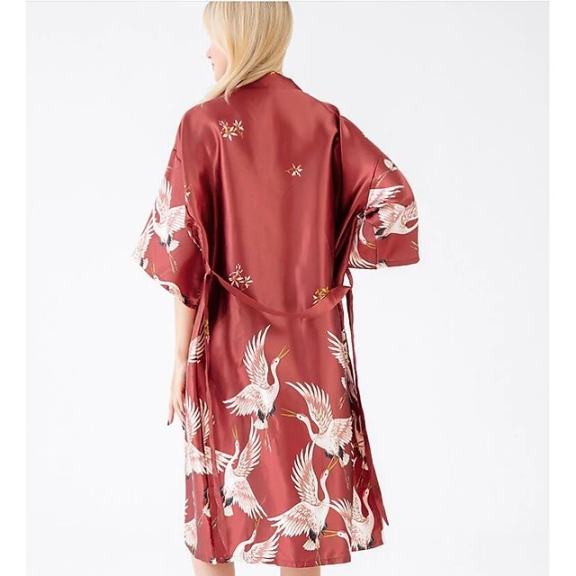 Women's Gift Robes Gown Pajamas Bathrobes Home Party Wedding Party Spa Print Crane Animal Silk Simple Soft Kimono Robes Sweet Fall Spring Summer V Wire Long Sleeve Tie Closure Belt Included 4 Women's Gift Robes Gown Pajamas Bathrobes Home Party Wedding Party Spa Print Crane Animal Silk Simple Soft Kimono Robes Sweet Fall Spring Summer V Wire Long Sleeve Tie Closure Belt Included - Image 4