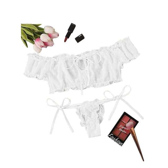 Women's Sexy Bodies Lingerie Set Dot Sexy Uniforms Romantic See Through Bed Vacation Valentine's Day Spandex Off Shoulder Winter Fall Black White 4 Women's Sexy Bodies Lingerie Set Dot Sexy Uniforms Romantic See Through Bed Vacation Valentine's Day Spandex Off Shoulder Winter Fall Black White - Image 4