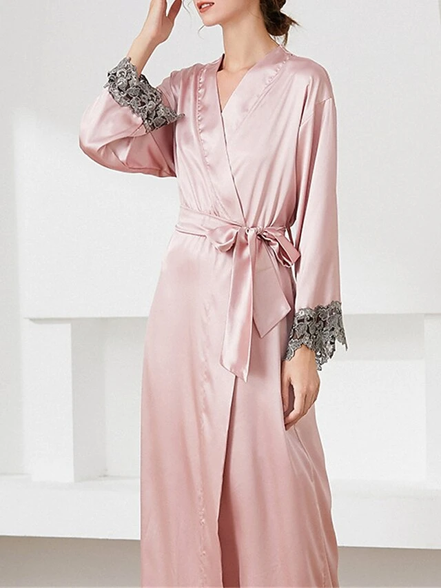 Women's Satin Silk Bathrobe Robe Embroidered Lace Decoration Long Sleeve Nightgown Pure Color Fashion Casual Comfort Home Daily Bed Summer Fall Black Pink 1 Women's Satin Silk Bathrobe Robe Embroidered Lace Decoration Long Sleeve Nightgown Pure Color Fashion Casual Comfort Home Daily Bed Summer Fall Black Pink