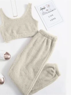 Women's Solid Plush Tank Top And Pants Lounge Sets Casual Comfort Soft Home Street Daily Polyester Breathable Elastic Waist Fall Winter Black White -Deals The Sexy Bra Store ghettg1688541595395