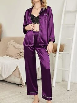 Women's Satin Silk Lounge Sets Satin Pajama Sets Pure Color Fashion Casual Comfort Home Daily Bed Satin Breathable Lapel Long Sleeve Shirt Pant Button Pocket Summer Fall Black White -Deals The Sexy Bra Store ghjyyr1689596455527