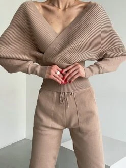 Women's Knitted Lounge Sets Pure Color Fashion Comfort Soft Street Daily Date Acrylic Breathable V Wire Long Sleeve Pant Summer Fall Black Pink -Deals The Sexy Bra Store gjuegw1690533194925