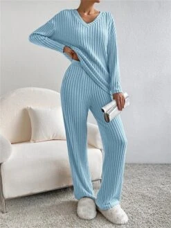 Women's Loungewear Sets Knit Drop Shoulder Tee Sweater And Pants Pure Color Home Street Daily Polyester Breathable V Wire Long Sleeve Sweater Pant Pocket Fall Winter Black Blue -Deals The Sexy Bra Store gkgoyy1692950066556
