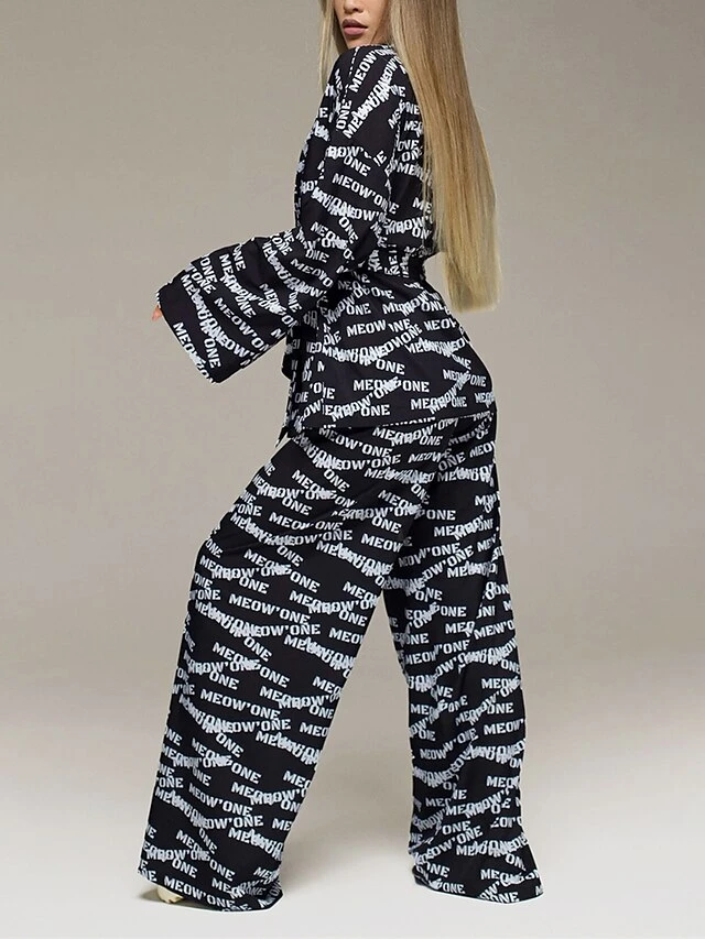 Women's Loungewear Sets 2 Pieces Cat Letter Fashion Casual Comfort Street Daily Date Polyester Breathable V Wire Long Sleeve Pant Fall Winter Silver Black Black 2 Women's Loungewear Sets 2 Pieces Cat Letter Fashion Casual Comfort Street Daily Date Polyester Breathable V Wire Long Sleeve Pant Fall Winter Silver Black Black - Image 2