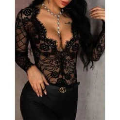 Women's Plus Size Sexy Bodies Bodysuits Teddies & Bodysuits Pure Color Hot Comfort See Through Home Bed Valentine's Day Polyester Breathable V Wire Long Sleeve Summer Spring Black