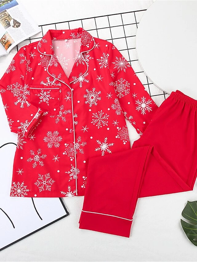 Women's Christmas Pajamas Sets Snowflake Fashion Comfort Soft Home Xmas Daily Polyester Breathable Lapel Long Sleeve Shirt Pant Button Pocket Fall Winter Red 2 Women's Christmas Pajamas Sets Snowflake Fashion Comfort Soft Home Xmas Daily Polyester Breathable Lapel Long Sleeve Shirt Pant Button Pocket Fall Winter Red - Image 2