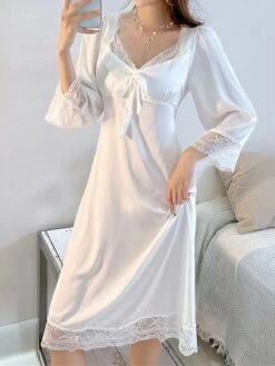 Women's Satin Silk Nightgown Pajamas Nightshirt Dress Pure Color Casual Comfort Sweet Home Daily Bed Lace Breathable V Wire Chest Pads Fall Winter Short Sleeve White Short Sleeve Black -Deals The Sexy Bra Store gnxvjq1697170318523