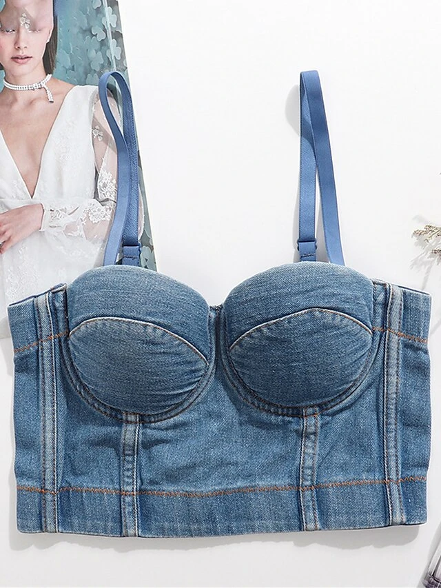 Women's Denim Corset Top Bustier Solid Fashion Bar Vacation Breathable Straps Sleeveless Backless Summer Spring Black Blue 7 Women's Denim Corset Top Bustier Solid Fashion Bar Vacation Breathable Straps Sleeveless Backless Summer Spring Black Blue - Image 7