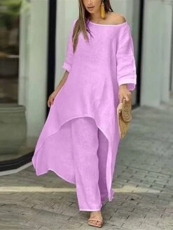 Women's Loungewear Sets Pure Color Fashion Simple Casual Street Date Airport Polyester Breathable Crew Neck Long Sleeve Pant Summer Spring White Yellow -Deals The Sexy Bra Store gpkqdx1679973748778