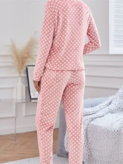 Women's Fleece Pajamas Sets Flannel Warm Dot Warm Fashion Plush Home Daily Bed Breathable Crew Neck Long Sleeve Pant Fall Winter Pink -Deals The Sexy Bra Store gpndld1695023630334