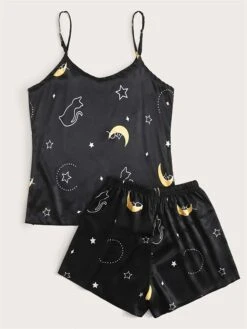 Women's Pajamas Pajama Top And Pant Sets Star Leaves Casual Comfort Sweet Home Daily Bed Satin Breathable Straps Sleeveless Strap Top Shorts Backless Spring Fall Black White -Deals The Sexy Bra Store grntxg1677650271763