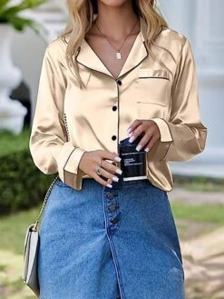 Women's Satin Silk Lounge Sets Satin Pajama Sets Pure Color Fashion Casual Comfort Home Daily Bed Satin Breathable Lapel Long Sleeve Shirt Pant Button Pocket Summer Fall Black White -Deals The Sexy Bra Store gryjbl1689596444459