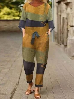 Women's Loungewear Sets 2 Pieces Abstract Flower Casual Comfort Home Street Daily Cotton Blend Breathable Stand Collar Half Sleeve Pullover Pant Pocket Belt Included Summer Spring Lake Blue Red -Deals The Sexy Bra Store gteyoz1684410520293