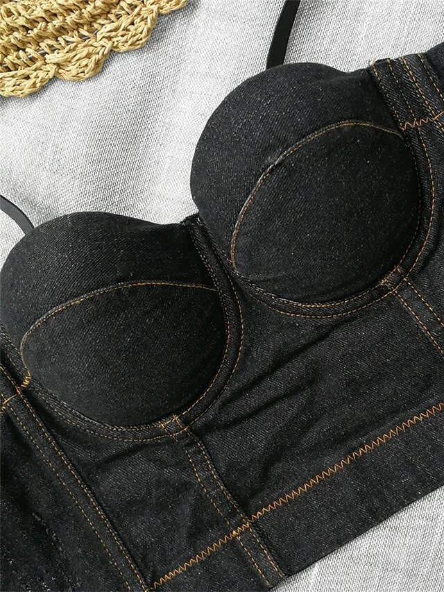Women's Denim Corset Top Bustier Solid Fashion Bar Vacation Breathable Straps Sleeveless Backless Summer Spring Black Blue 13 Women's Denim Corset Top Bustier Solid Fashion Bar Vacation Breathable Straps Sleeveless Backless Summer Spring Black Blue - Image 13