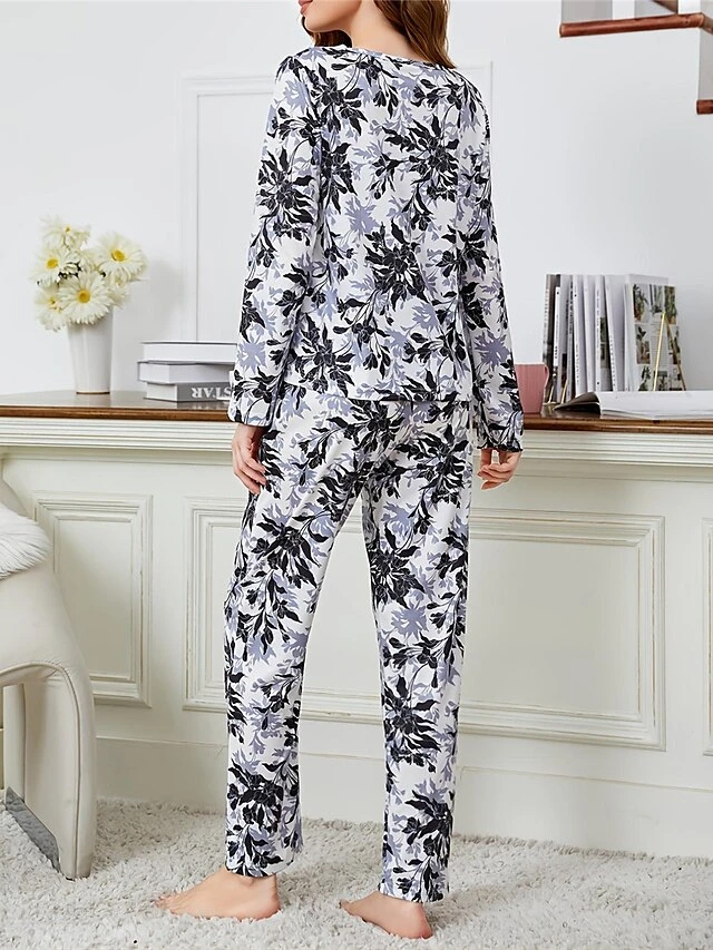 Women's Pajamas Sets Flower Fashion Casual Soft Home Daily Bed Polyester Breathable Crew Neck Long Sleeve T Shirt Tee Pant Summer Fall Black 2 Women's Pajamas Sets Flower Fashion Casual Soft Home Daily Bed Polyester Breathable Crew Neck Long Sleeve T Shirt Tee Pant Summer Fall Black - Image 2