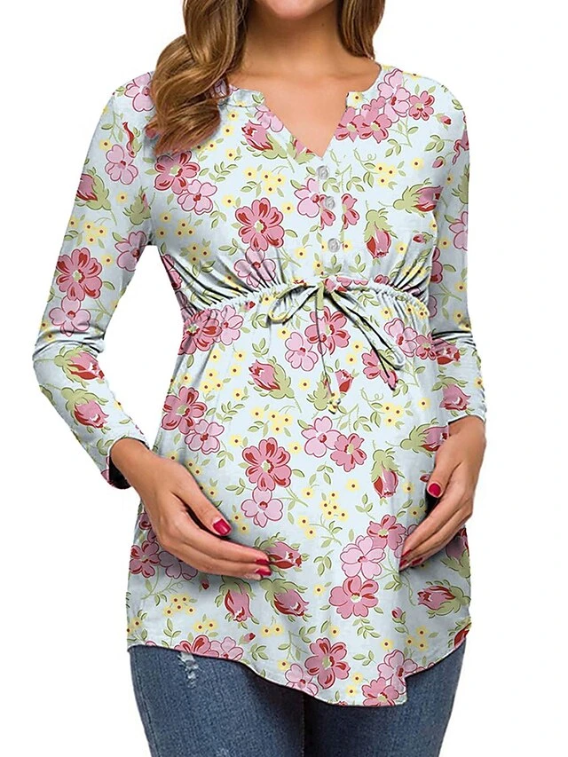 Women's Maternity Tops Pregnancy Shirts Floral Pattern Casual Comfort Pastoral Home Daily Vacation Cotton Breathable V Wire Long Sleeve Fall Winter White Light Green 5 Women's Maternity Tops Pregnancy Shirts Floral Pattern Casual Comfort Pastoral Home Daily Vacation Cotton Breathable V Wire Long Sleeve Fall Winter White Light Green - Image 5