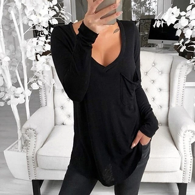 Women's Plus Size Loungewear Top Nighty Pure Color Basic Simple Comfort Home Daily Cotton V Wire Long Sleeve Pocket Spring Fall White Black 7 Women's Plus Size Loungewear Top Nighty Pure Color Basic Simple Comfort Home Daily Cotton V Wire Long Sleeve Pocket Spring Fall White Black - Image 7