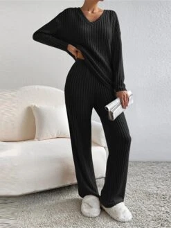 Women's Loungewear Sets Knit Drop Shoulder Tee Sweater And Pants Pure Color Home Street Daily Polyester Breathable V Wire Long Sleeve Sweater Pant Pocket Fall Winter Black Blue -Deals The Sexy Bra Store guzebx1692950060741