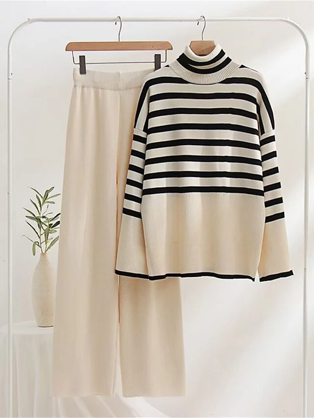 Women's Lounge Sets Striped Turtleneck Sweater And Wide Leg Pants Casual Comfort Home Street Daily Acrylic Breathable High Neck Long Sleeve Sweater Pant Fall Winter Black Brown 2 Women's Lounge Sets Striped Turtleneck Sweater And Wide Leg Pants Casual Comfort Home Street Daily Acrylic Breathable High Neck Long Sleeve Sweater Pant Fall Winter Black Brown - Image 2