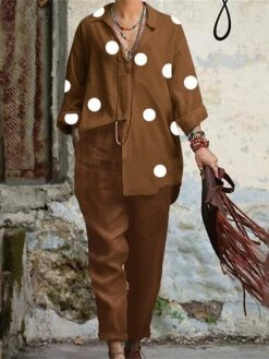 Women's Plus Size Loungewear Sets Dot Simple Casual Comfort Home Daily Vacation Polyester Breathable V Wire Long Sleeve Shirt Pant Pocket Summer Spring Navy Blue Brown -Deals The Sexy Bra Store gvvxgd1680598039950