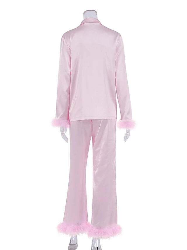 Women's Pajamas Sets Pure Color Fashion Casual Soft Wedding Party Satin Breathable Lapel Long Sleeve Shirt Pant Feather Fall Black White 20 Women's Pajamas Sets Pure Color Fashion Casual Soft Wedding Party Satin Breathable Lapel Long Sleeve Shirt Pant Feather Fall Black White - Image 20