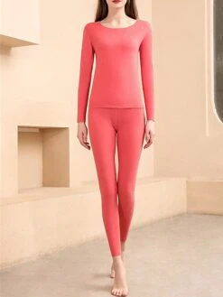 Women's Pajamas Thermal Set Pure Color Warm Fashion Comfort Home Daily Bed Polyester Comfort Warm Crew Neck Long Sleeve T Shirt Tee Pant Fall Winter Black Pink -Deals The Sexy Bra Store gzqvag1692927372922