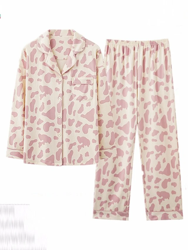 Women's Loungewear Sets Animal Grid / Plaid Fashion Comfort Soft Home Daily Bed Polyester Breathable Lapel Long Sleeve Shirt Pant Button Pocket Fall Winter White Cow Pink Cow 1 Women's Loungewear Sets Animal Grid / Plaid Fashion Comfort Soft Home Daily Bed Polyester Breathable Lapel Long Sleeve Shirt Pant Button Pocket Fall Winter White Cow Pink Cow