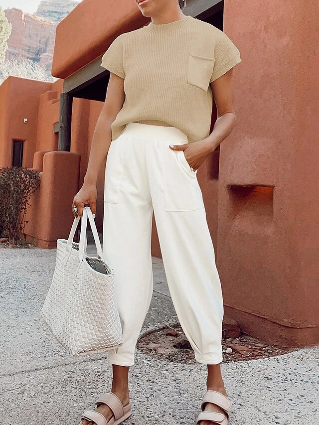 Women's Knit Lounge Sets Top And High Waisted Pants Pure Color Casual Comfort Soft Home Street Daily Polyester Breathable Stand Collar Short Sleeve Sweater Pant Pocket Summer Fall Black Brown 1 Women's Knit Lounge Sets Top And High Waisted Pants Pure Color Casual Comfort Soft Home Street Daily Polyester Breathable Stand Collar Short Sleeve Sweater Pant Pocket Summer Fall Black Brown