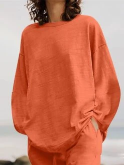 Women's Plus Size Loungewear Sets 2 Pieces Pure Color Fashion Casual Comfort Street Daily Date Cotton Breathable Crew Neck Long Sleeve Pant Summer Fall White Yellow -Deals The Sexy Bra Store hbrdon1689326425374