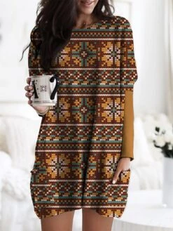 Women's Nightgown Stripe Geometic Fashion Comfort Home Daily Polyester Crew Neck Long Sleeve Pocket Fall Winter Red Blue -Deals The Sexy Bra Store hbujzk1694417621838