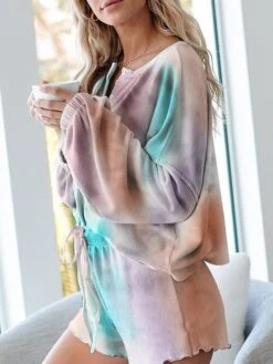 Women's Loungewear Sets Tie Dye Simple Casual Comfort Street Daily Vacation Polyester Breathable Crew Neck Long Sleeve Shorts Button Elastic Waist Spring Summer Purple Light Blue -Deals The Sexy Bra Store hcsmue1676969764459